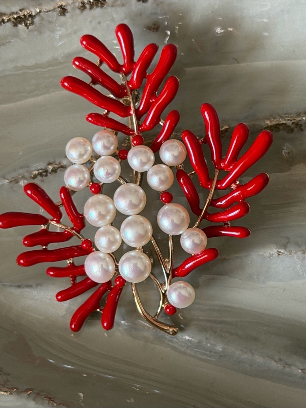 Red Coral Enameled Branch Pearl Brooch